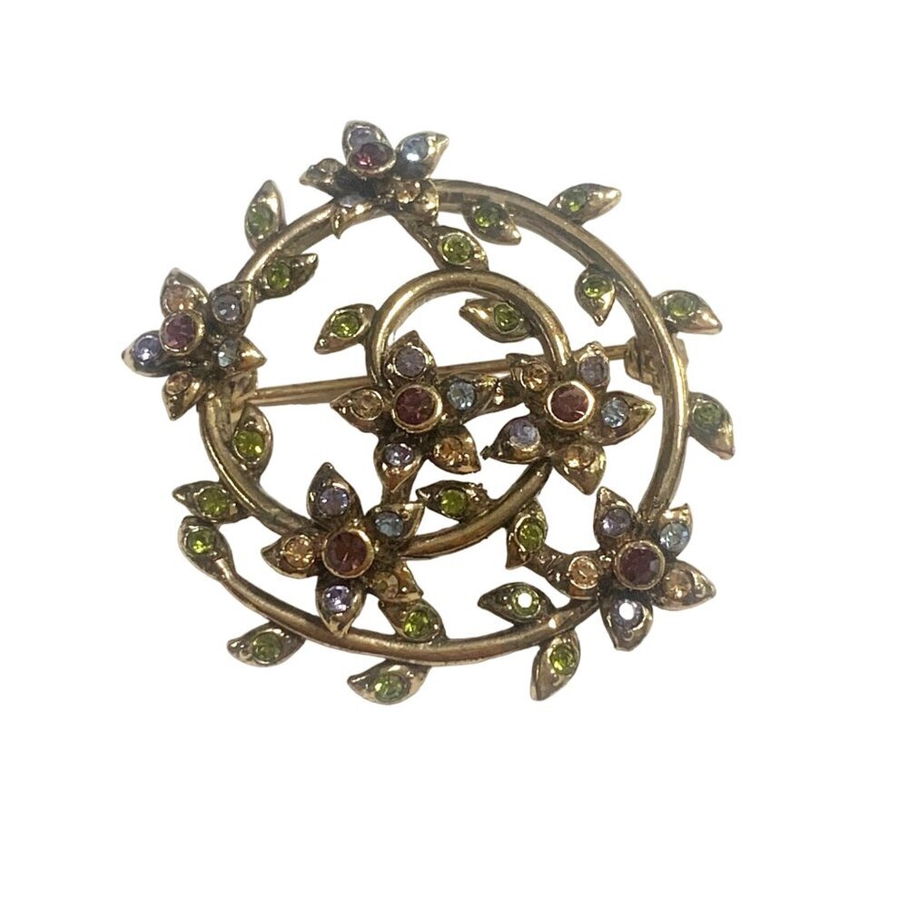 Signed MONET Gold Tone Multi Color Rhinestones Round Domed Shape Pin Brooch